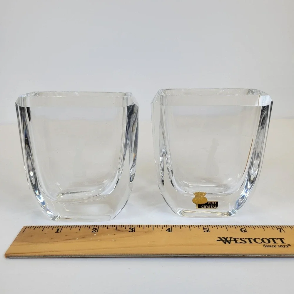 Vtg MCM Skruf Sweden Lead Crystal Pair of 2 Vases Vanity Organizers Signed 3.5